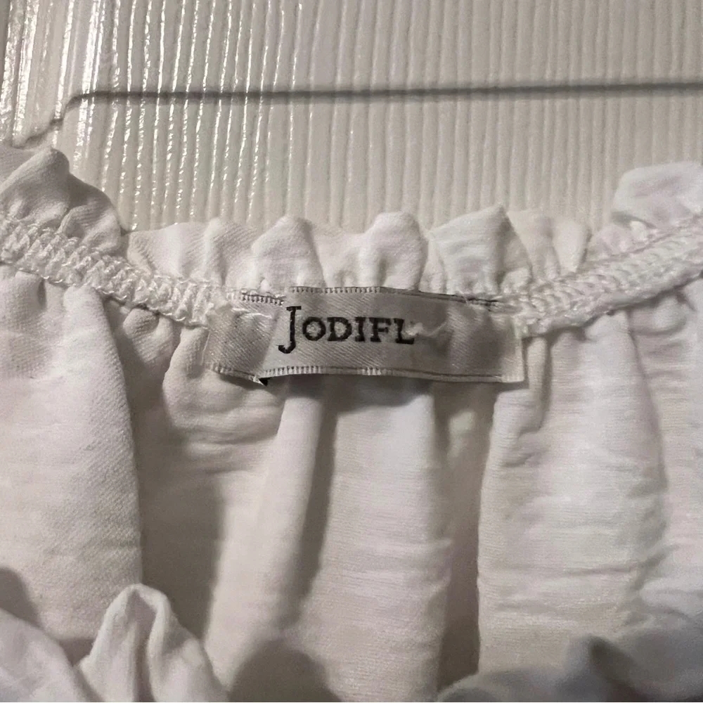 JODIFL White Off Shoulder Ruffle Blouse S | Boho Peasant Top Elastic Hem - Picture 2 of 6